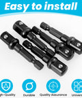 Impact Driver Socket Adapters Set Five Pieces In Durable Black Finish displayed in a row on a white background with icons below