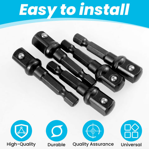 Impact Driver Socket Adapters Set Five Pieces In Durable Black Finish displayed in a row on a white background with icons below