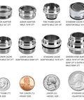 Brass Faucet Adapter Kit With Male And Female Adapters For Kitchen Sink To Garden Hose Water Filter Dishwasher And Standard Hose Diverter, showcasing nine adapters with coin size comparison.