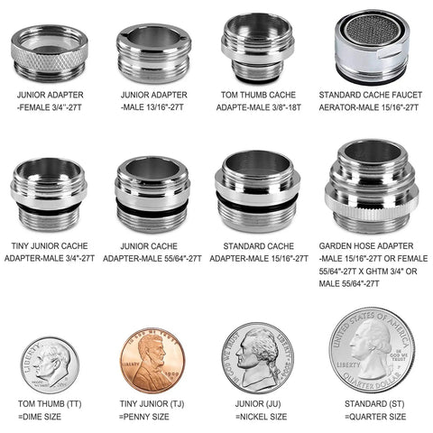 Brass Faucet Adapter Kit With Male And Female Adapters For Kitchen Sink To Garden Hose Water Filter Dishwasher And Standard Hose Diverter, showcasing nine adapters with coin size comparison.