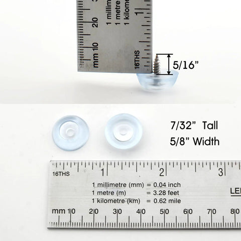 Clear Rubber Feet For Cutting Boards Lock Down Tight Non Slip Bumpers With Stainless Screws 7/32" tall and 5/8" wide shown with ruler.