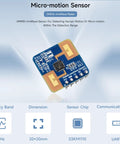 24GHz MmWave Human Motion Sensor with FMCW Radar for Real Time Body Detection module shown from top view with specs listed.