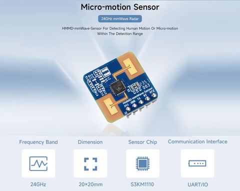 24GHz MmWave Human Motion Sensor with FMCW Radar for Real Time Body Detection module shown from top view with specs listed.