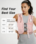 Reflective Hydration Vest With 500ml Soft Flask And Phone Holder Go To Lightweight Running Pack For Men And Women in pink, size chart displayed