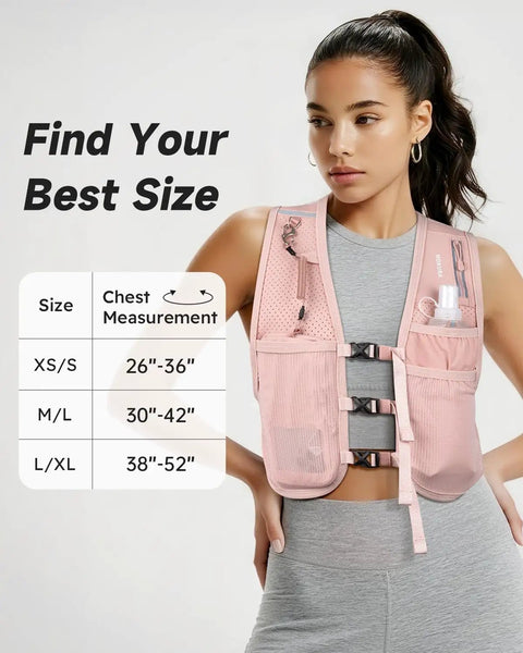 Reflective Hydration Vest With 500ml Soft Flask And Phone Holder Go To Lightweight Running Pack For Men And Women in pink, size chart displayed