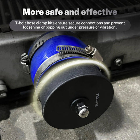 BILTOOLS turbo boost leak tester hose assembly: blue silicone hose with metal T-bolt clamp