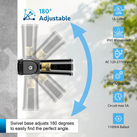 Smart Dusk To Dawn Photocell Sensor For Outdoor Lights Auto On Off showing 180-degree adjustability and specifications