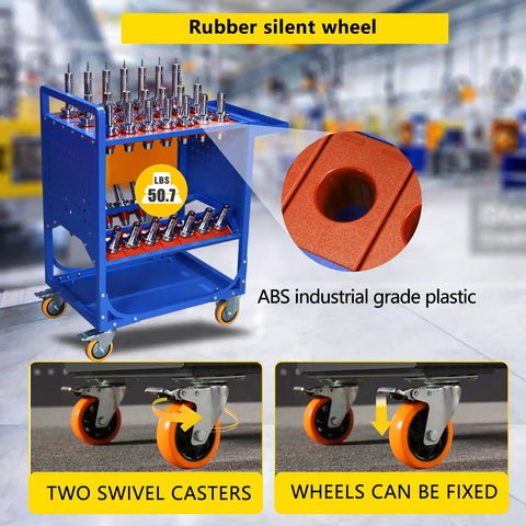 Blue Classic Mobile CNC Tool Storage Cart with wheels for CAT40 holders, showcasing heavy duty casters and rust-resistant electrostatic coated finish.