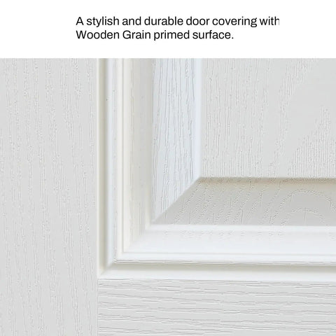 Close-up of Top Shelf Fiberglass Entry Door Thirty Six By Eighty Inches Nine Lite Low E Glass Primed White Oak texture detail.