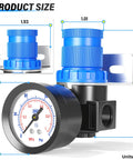 Front view of TAILONZ AR2000 5-in-1 mini pneumatic pressure regulator kit with blue knobs and gauge, 1/4 in NPT