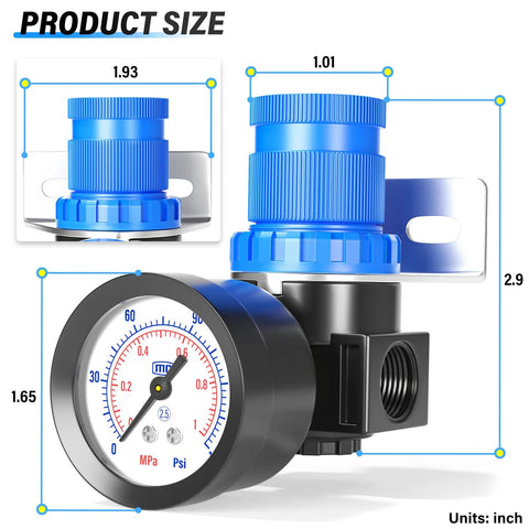 Front view of TAILONZ AR2000 5-in-1 mini pneumatic pressure regulator kit with blue knobs and gauge, 1/4 in NPT