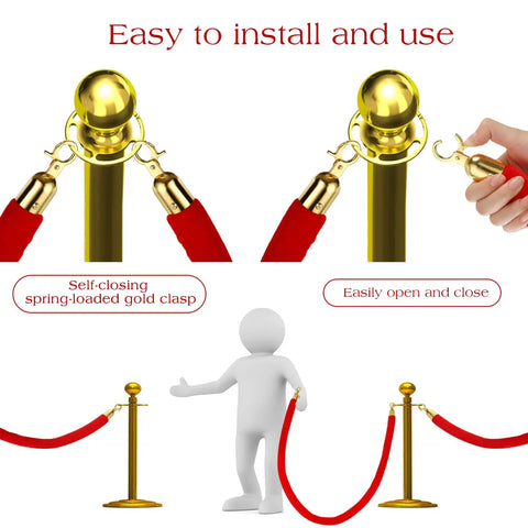 Self-closing clasp on Six Pack Velvet Stanchion Rope Red Carpet Set With Gold Hooks 5 Foot Crowd Control Velvet Ropes For Events