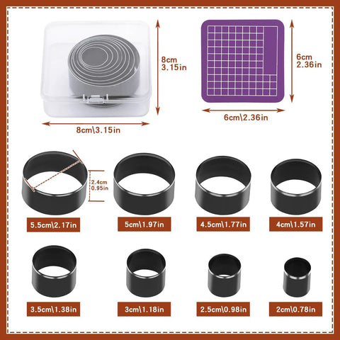 Eight Piece Leather Circle Cutter Set With High Carbon Steel Round Punches in case, showing eight diameters ranging 20 to 55 mm.