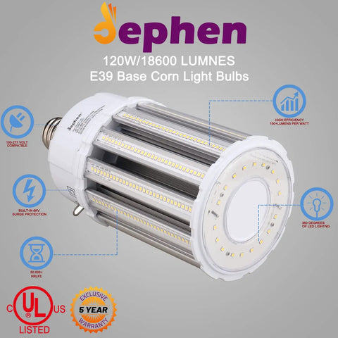 120W LED Corn Bulb E39 Mogul Base Ultra Bright Energy Saving 18600 Lumens 5000K White Corn Cob Light Replaces 900W MH HID CFL HPS UL Listed For Warehouse High Bay Street Garage image showing bulb design and features with warranty badge