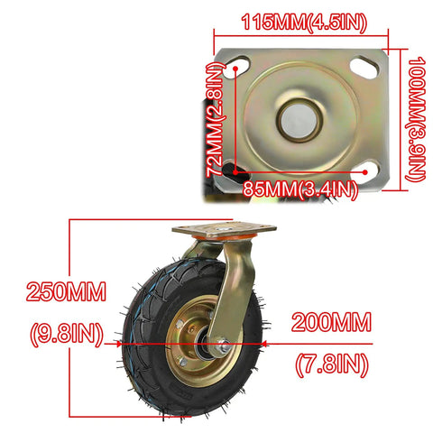 Two Pack Eight Or Ten Inch Heavy Duty Swivel Caster Wheels Featuring Pneumatic Rubber Tires And Precision Ball Bearings view with dimensions.