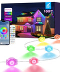 Box of 32.8 Foot RGB LED Strip Lights with Music Sync, remote control, and app showcasing vibrant colors for parties and home decor.