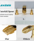 Brushed Gold Waterfall Bathroom Faucet With 3 Hole Widespread Deck Mount Pro Grade Lead Free Brass Vanity Faucet With Two Handles Pop Up Drain And Supply Hoses Included MP107BG showing spout and comparison with others.