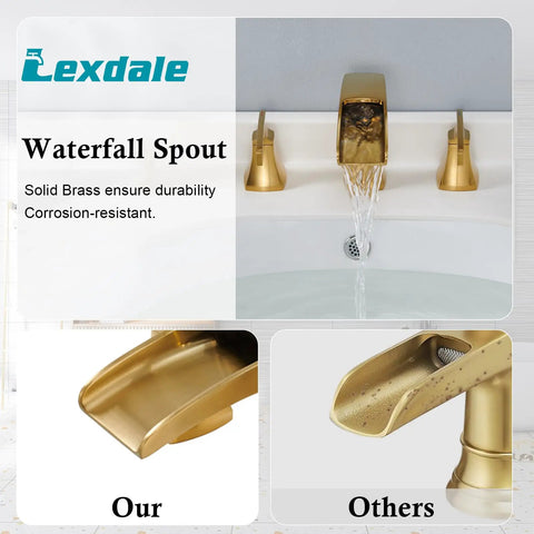 Brushed Gold Waterfall Bathroom Faucet With 3 Hole Widespread Deck Mount Pro Grade Lead Free Brass Vanity Faucet With Two Handles Pop Up Drain And Supply Hoses Included MP107BG showing spout and comparison with others.