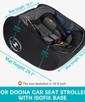 Padded Car Seat Travel Bag For Airplane Use Fits Doona Car Seat Stroller With Isofix Base showing dimensions and black color.