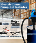 High Octane Dual Power 120V And 12V Electric Drum Pump For 55 Gallon Barrels Transfer Gas Fuel Oil Smooth Operator Job Site Ready Fluid Hauler Get It Pumped Quick kit with accessories in warehouse.