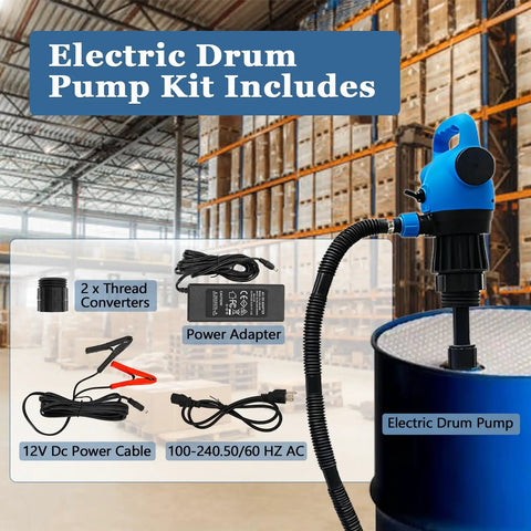 High Octane Dual Power 120V And 12V Electric Drum Pump For 55 Gallon Barrels Transfer Gas Fuel Oil Smooth Operator Job Site Ready Fluid Hauler Get It Pumped Quick kit with accessories in warehouse.