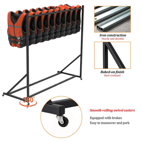 Heavy Duty Life Vest Holder Rack With Smooth Locking Wheels displaying orange life jackets on a durable metal frame.