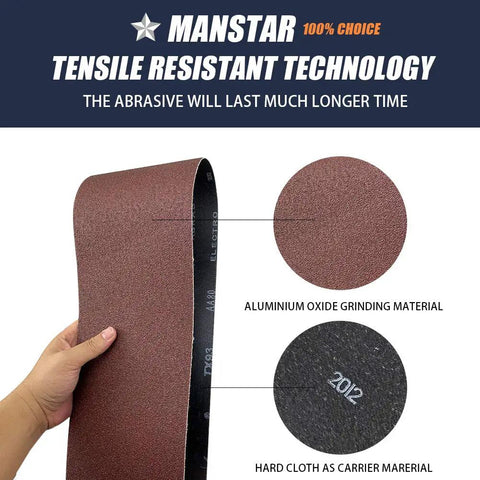 Hand holding Ten Pack 6 By 48 Inch Aluminum Oxide Sanding Belts Set With Open Coat Antistatic Washable Resin Additive