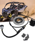 Hydraulic disc brake kit with drilled rotor, caliper, master cylinder and hose for 50cc–250cc dirt bikes and ATVs.
