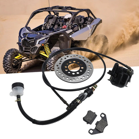 Hydraulic disc brake kit with drilled rotor, caliper, master cylinder and hose for 50cc–250cc dirt bikes and ATVs.