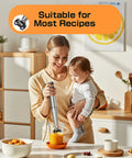 Woman using Killer 1100W Immersion Handheld Blender 3 In 1 Set With Trigger Speed Control Whisk Milk Frother Emulsifier For Kitchen Smoothies Soups Puree And More in kitchen.