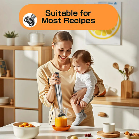 Woman using Killer 1100W Immersion Handheld Blender 3 In 1 Set With Trigger Speed Control Whisk Milk Frother Emulsifier For Kitchen Smoothies Soups Puree And More in kitchen.