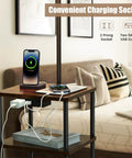 Rustic End Table Lamp With USB Charging Port And Power Outlet, 3 Tier Storage Shelves, Built In Reading Light near sofa