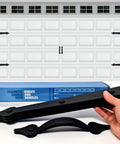 Magnetic Garage Door Hardware Kit With 2 Faux Handles And 4 Hinges shown on steel door with box packaging