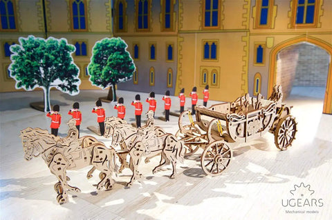 Royal Wedding Carriage Mechanical Wooden Model Kit With Four Horses, Vintage Carriage Replica For Builders, Realistic Leather Seat Interior, Royal Coat Of Arms Details, Gears And Moving Parts For A Satisfying DIY Project; four-horse wooden carriage