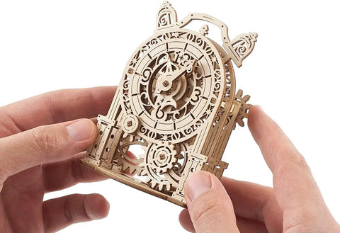 Vintage Mechanical Alarm Clock Kit And 3D Puzzle For Adults Hands On Desk Clock Making Toy Jigsaw Wood Clock Model DIY Brain Teaser Construction Set Four Point Nine Inch Height, wooden hands-held front view