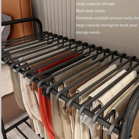 Smooth Rolling Pants Hanger Cart With Heavy Duty Wheels And Adjustable Trouser Racks For Jeans And Skirts, showing multi-colored trousers on a rack.