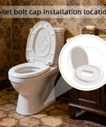 Universal Toilet Bolt Caps Pack of 6, White 1.44 Inch Round Push On Covers With Washers, installed on floor bolts of a toilet