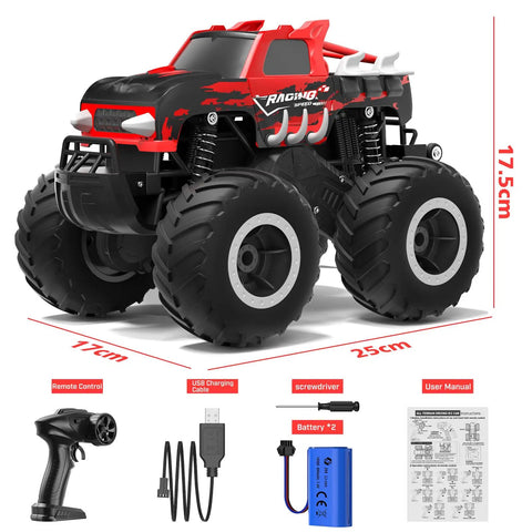 Amphibious RC Monster Truck 1 16 Scale All-Terrain Off-Road Beast with accessories including remote and batteries.