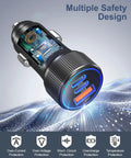 Hella Fast 93W Usb C Car Charger With 45W And 30W Pps Ports Pd3.0 showcasing multiple safety features and design.
