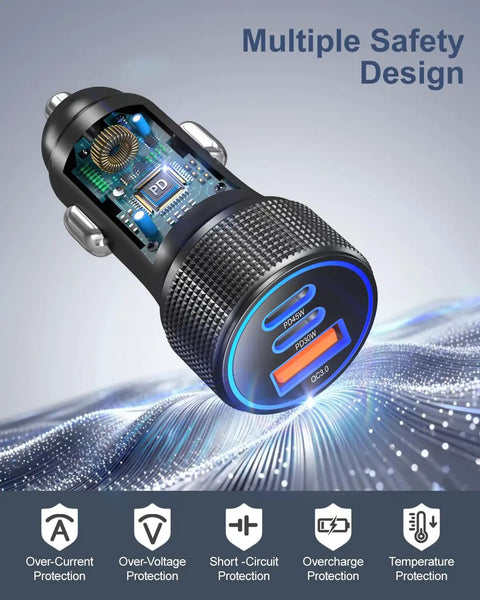 Hella Fast 93W Usb C Car Charger With 45W And 30W Pps Ports Pd3.0 showcasing multiple safety features and design.