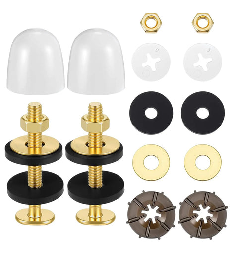 Heavy Duty Toilet Bolts Kit for Floor Installation with Nuts Washers and Caps 2 Pack Premium Anti Rust Metal Flange Bolts Replacement Hardware to Secure Toilet Bowl to Floor, white and gold