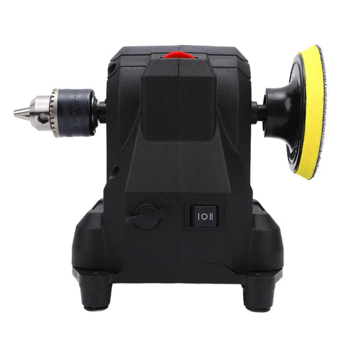 Aramox Cordless Mini Bench Grinder Polisher With 100W Motor And 6 Speed Settings features a yellow polishing pad and chuck.