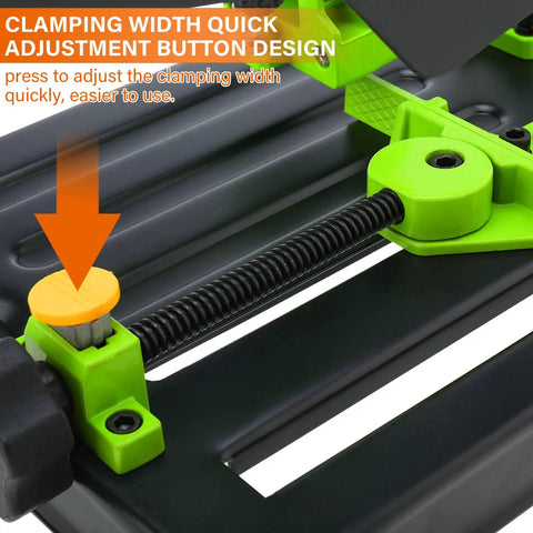Close-up of Upgraded Angle Grinder Stand with adjustable clamp, showing quick adjustment button for 100mm to 125mm grinders