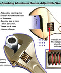 Non-sparking aluminum bronze adjustable wrench with flexible worm, features from 68 Piece Non Sparking Tool Set Built Tough With Beryllium Copper Construction