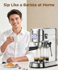 Man enjoying coffee beside 20 Bar Espresso Machine, Compact Coffee Maker With Steam Milk Frother, Stainless Steel Coffee Machine.