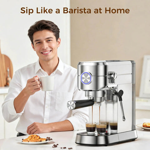 Man enjoying coffee beside 20 Bar Espresso Machine, Compact Coffee Maker With Steam Milk Frother, Stainless Steel Coffee Machine.