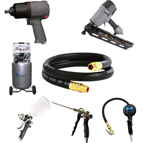 Tough As Nails Air Compressor Whip Hose 3/8 Inch By 3 Feet Heavy Duty Hybrid Rubber Pvc Air Line with brass fittings showcased with tools