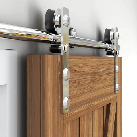 8Ft Stainless Steel Sliding Barn Door Hardware Kit With Heavy Duty Track And Silent Glide, I Shaped Hangers, Side View