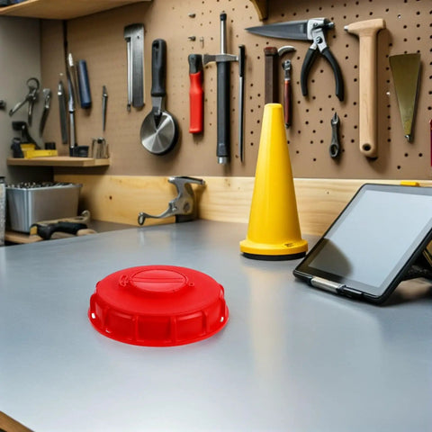 Two Pack Red Abs Ibc Tank Lid Covers With Vent Valves For Easy Pouring Pressure Control Breathable Design on a workbench.