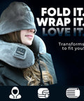 Woman wearing Wireless Bluetooth Music Neck Pillow With Hood For Travel Sleep Semicircular Design With Built In Speaker.
